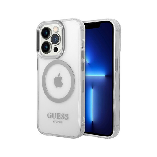 Накладка Guess для iPhone 15 Pro Max PC/TPU Metal outline прозрачная/серебристая MagSafe