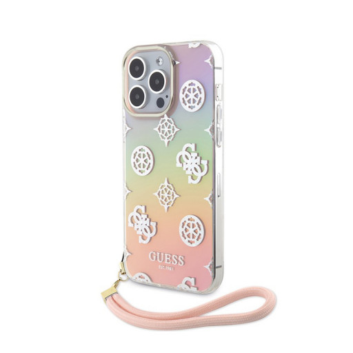 Накладка Guess для iPhone 15 Pro PC/TPU Peony glitter +Nylon Hand cord Hard Iridescent Pink