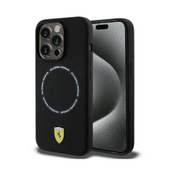Накладка Ferrari для iPhone 15 Pro Max Liquid silicone Scuderia printed ring Black MagSafe купить в Уфе