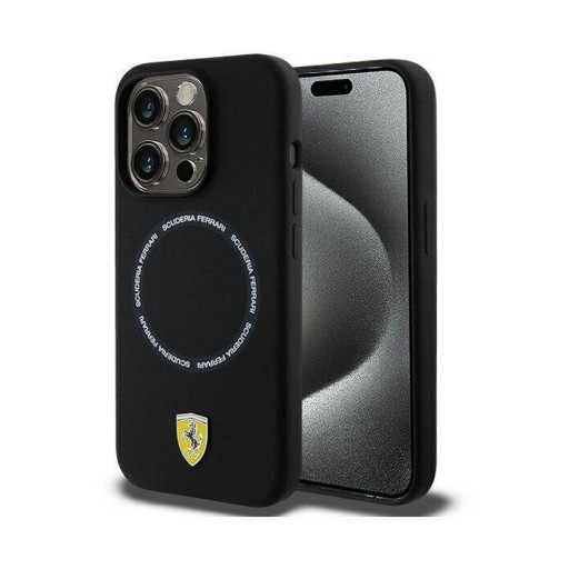 Накладка Ferrari для iPhone 15 Pro Max Liquid silicone Scuderia printed ring Black MagSafe