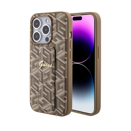 Накладка Guess для iPhone 15 Pro GripStand PU G CUBE with Script metal logo Brown