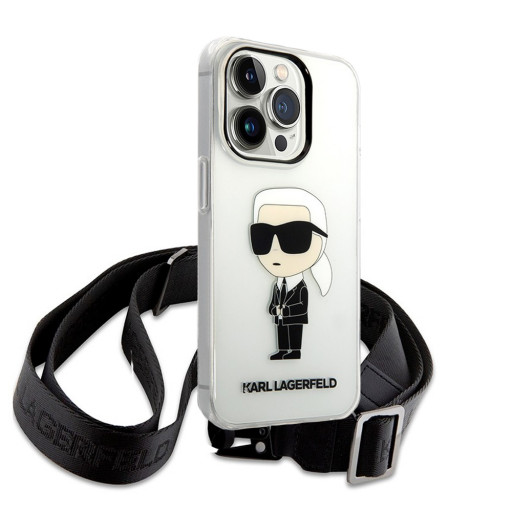 Накладка Lagerfeld для iPhone 15 Pro Max Crossbody PC/TPU NFT Karl Ikonik+Big Strap Transparent