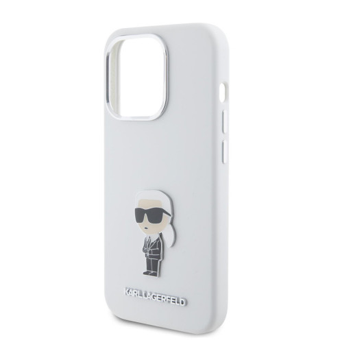 Накладка Lagerfeld для iPhone 15 Pro Liquid silicone NFT Karl Ikonik metal pin White