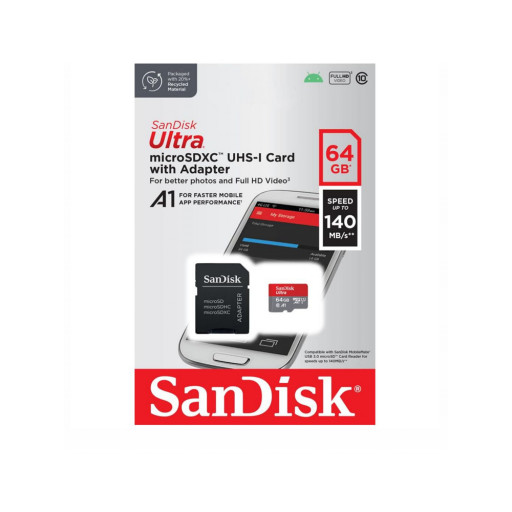 Карта памяти SanDisk Ultra microSDXC 64 ГБ Class 10, UHS-1 U1, A1, R 140 МБ/с SD