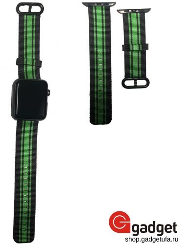 Ремешок из плетёного нейлона для Apple Watch 42mm черный с зеленой полоской