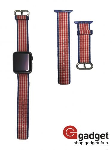 Ремешок из плетёного нейлона для Apple Watch 42mm синий с белой и красной полосками