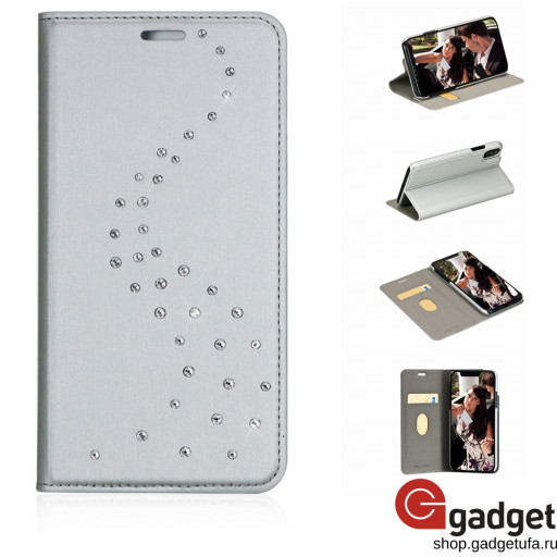 Чехол-книжка Bling My Thing для iPhone X/Xs с кристаллами Swarovski кожаная серебряная