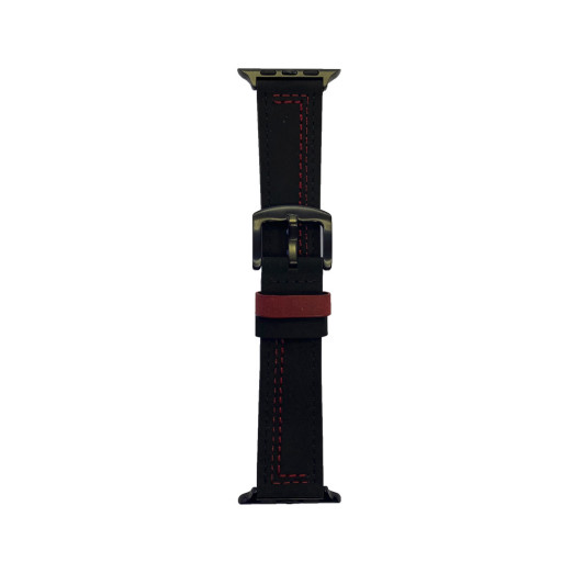 Ремешок для Apple Watch 42/44mm кожаный черный с красной строчкой