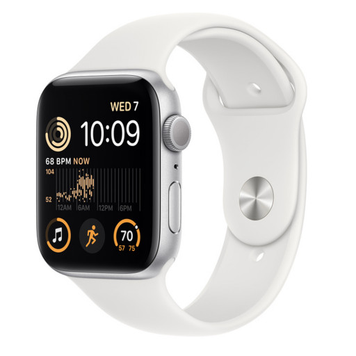 Часы Apple Watch SE 2022 44 мм, Корпус из алюминия серебристого цвета, спортивный ремешок цвета белый