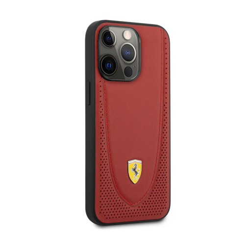 Накладка Ferrari для iPhone 13 Pro Genuine leather Curved with metal logo красная