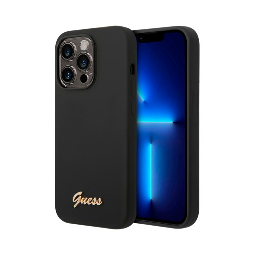 Накладка Guess для iPhone 14 Pro Liquid silicone Gold metal logo черная