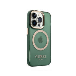 Накладка Guess для iPhone 14 Pro Max PC/TPU Metal outline MagSafe полупрозрачная зеленая/золотая купить в Уфе