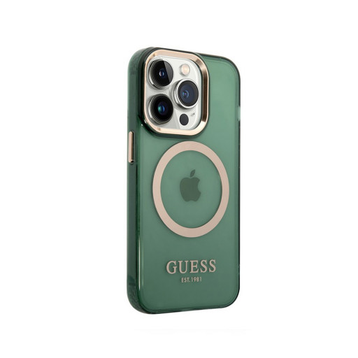 Накладка Guess для iPhone 14 Pro Max PC/TPU Metal outline MagSafe полупрозрачная зеленая/золотая
