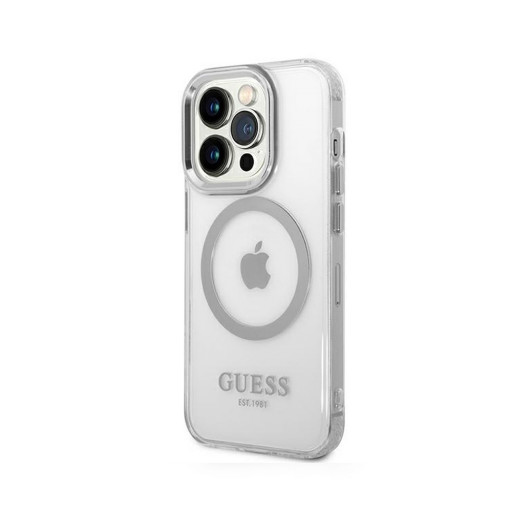 Накладка Guess для iPhone 14 Pro Max PC/TPU Metal outline MagSafe прозрачная/серебристая