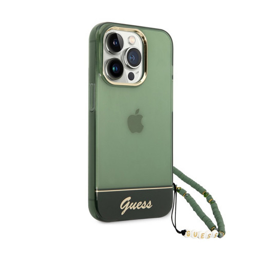 Накладка Guess для iPhone 14 Pro Max PC/TPU Translucent Electoplated camera +hand Strap зеленая