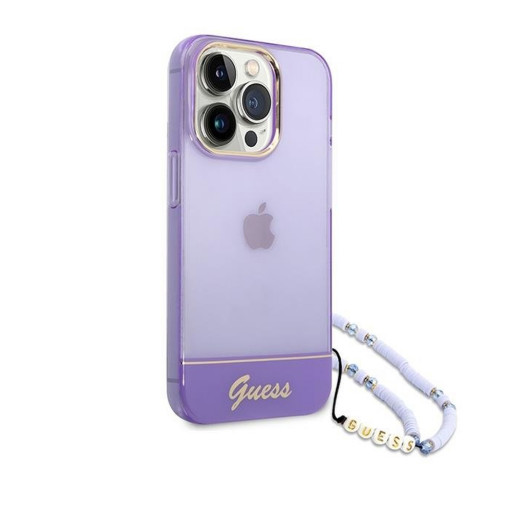Накладка Guess для iPhone 14 Pro Max PC/TPU Translucent Electoplated camera +hand Strap фиолетовая