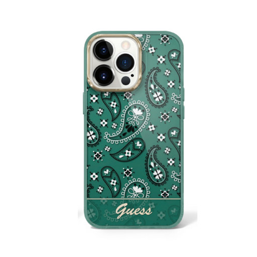 Накладка Guess для iPhone 14 Pro PC/TPU Paisley Electoplated camera зеленая