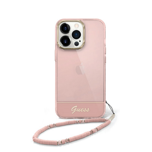 Накладка Guess для iPhone 14 Pro PC/TPU Translucent Electoplated camera +hand Strap розовая