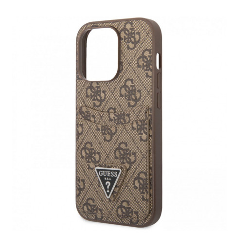 Накладка Guess для iPhone 14 Pro PU 4G Double cardslot Metal triangle logo коричневая