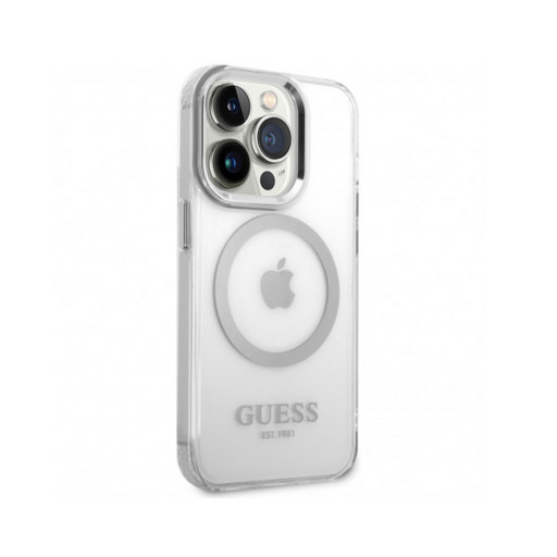 Накладка Guess для iPhone 14 Pro PC/TPU Metal outline Hard Transparent/Silver MagSafe