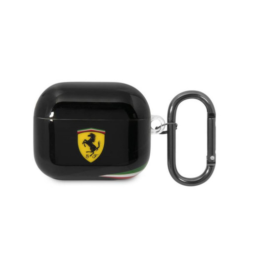 Чехол Ferrari для Airpods 3 TPU Italian flag with carabiner черный