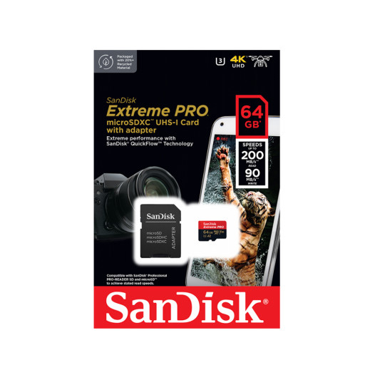 Карта памяти SanDisk microSDXC 64 ГБ Class 10, V30, UHS-1 U3, A2, R/W 200/90 МБ/с, адаптер на SD