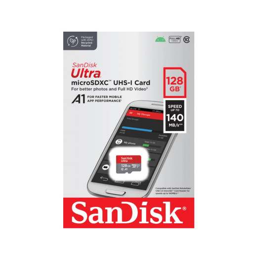 Карта памяти SanDisk Ultra microSDXC 128 ГБ Class 10, UHS-1 U1, A1, R 140 МБ/с
