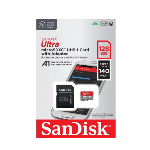 Карта памяти SanDisk Ultra microSDXC 128 ГБ Class 10, UHS-1 U1, A1, R140 МБ/с, адаптер на SD