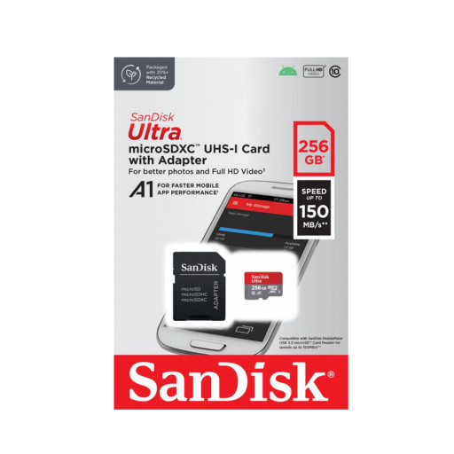 Карта памяти SanDisk Ultra microSDXC 256 ГБ Class 10, UHS-1 U1, A1, R 150 МБ/с, адаптер на SD