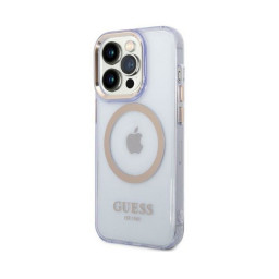 Накладка Guess для iPhone 14 Pro Max PC/TPU Metal outline MagSafe полупрозрачная фиолетовая/золотая купить в Уфе