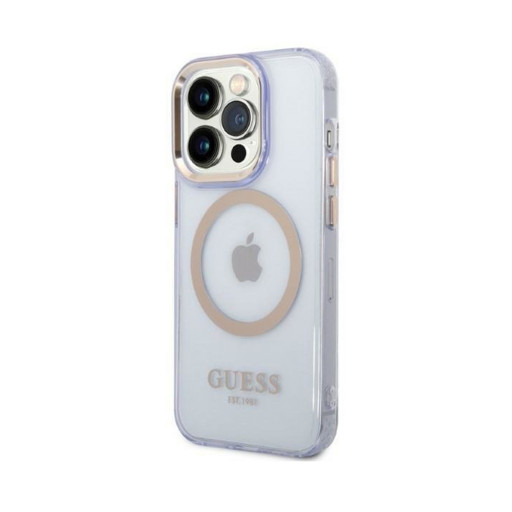 Накладка Guess для iPhone 14 Pro Max PC/TPU Metal outline MagSafe полупрозрачная фиолетовая/золотая