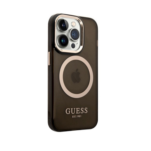 Накладка Guess для iPhone 14 Pro PC/TPU Metal outline полупрозрачная черная/золотая MagSafe
