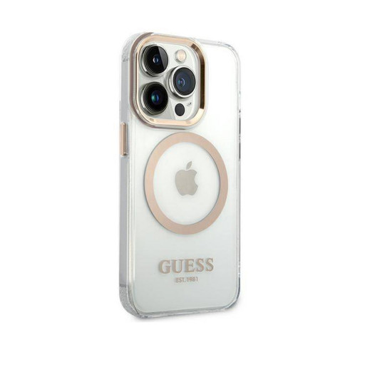 Накладка Guess для iPhone 14 Pro PC/TPU Metal outline прозрачная/золотая MagSafe