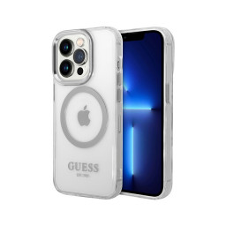 Накладка Guess для iPhone 15 Pro PC/TPU Metal outline прозрачная/серебристая MagSafe купить в Уфе