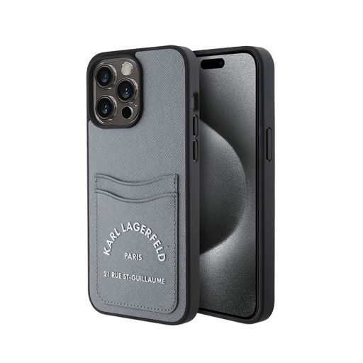Накладка Lagerfeld для iPhone 15 Pro Cardslot PU Saffiano RSG 3D rubber logo Grey