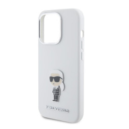 Накладка Lagerfeld для iPhone 15 Pro Liquid silicone NFT Karl Ikonik metal pin White купить в Уфе