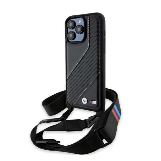 Накладка BMW для iPhone 15 Pro Crossbody PU Carbon stripe Metal logo + Strap Black