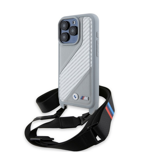 Накладка BMW для iPhone 15 Pro Crossbody PU Carbon stripe Metal logo + Strap Grey