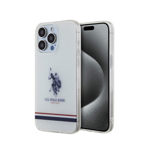 Накладка U.S. Polo для iPhone 15 Pro Max PC/TPU Double Horse logo Tricolor stripes Transparent