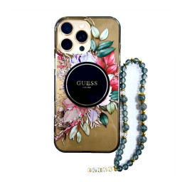 Накладка Guess для iPhone 16 Pro Max PC/TPU Flowers Hard + Pearl Hand Strap Black MagSafe купить в Уфе