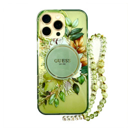 Накладка Guess для iPhone 16 Pro Max PC/TPU Flowers Hard + Pearl Hand Strap Green MagSafe купить в Уфе