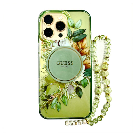 Накладка Guess для iPhone 16 Pro Max PC/TPU Flowers Hard + Pearl Hand Strap Green MagSafe