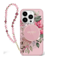 Накладка Guess для iPhone 16 Pro Max PC/TPU Flowers Hard + Pearl Hand Strap Pink MagSafe купить в Уфе