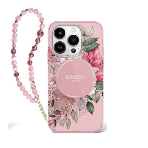 Накладка Guess для iPhone 16 Pro Max PC/TPU Flowers Hard + Pearl Hand Strap Pink MagSafe