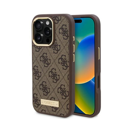 Накладка Guess для iPhone 16 Pro Max PU 4G Plate metal logo Brown MagSafe