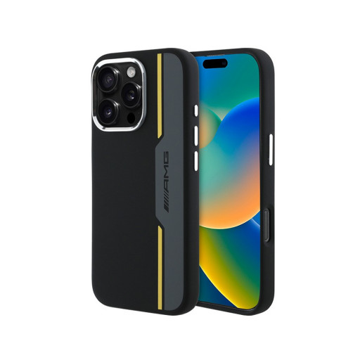 Накладка AMG для iPhone 16 Pro Liquid silicone Bow Lines Metal camera Black/Yellow (MagSafe)
