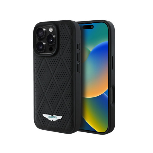 Накладка Aston Martin для iPhone 16 Pro Max Leather Perforated Quilted Diamonds Black