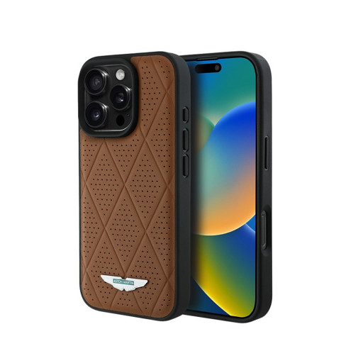 Накладка Aston Martin для iPhone 16 Pro Max Leather Perforated Quilted Diamonds Hard Camel