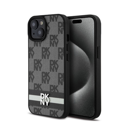 Накладка DKNY для iPhone 15 PU Checkered Printed stripes Metal logo Black