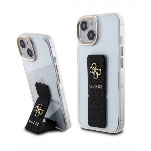 Накладка Guess для iPhone 15 GripStand PC/TPU with Saffiano & 4G Big metal logo Clear/Blk